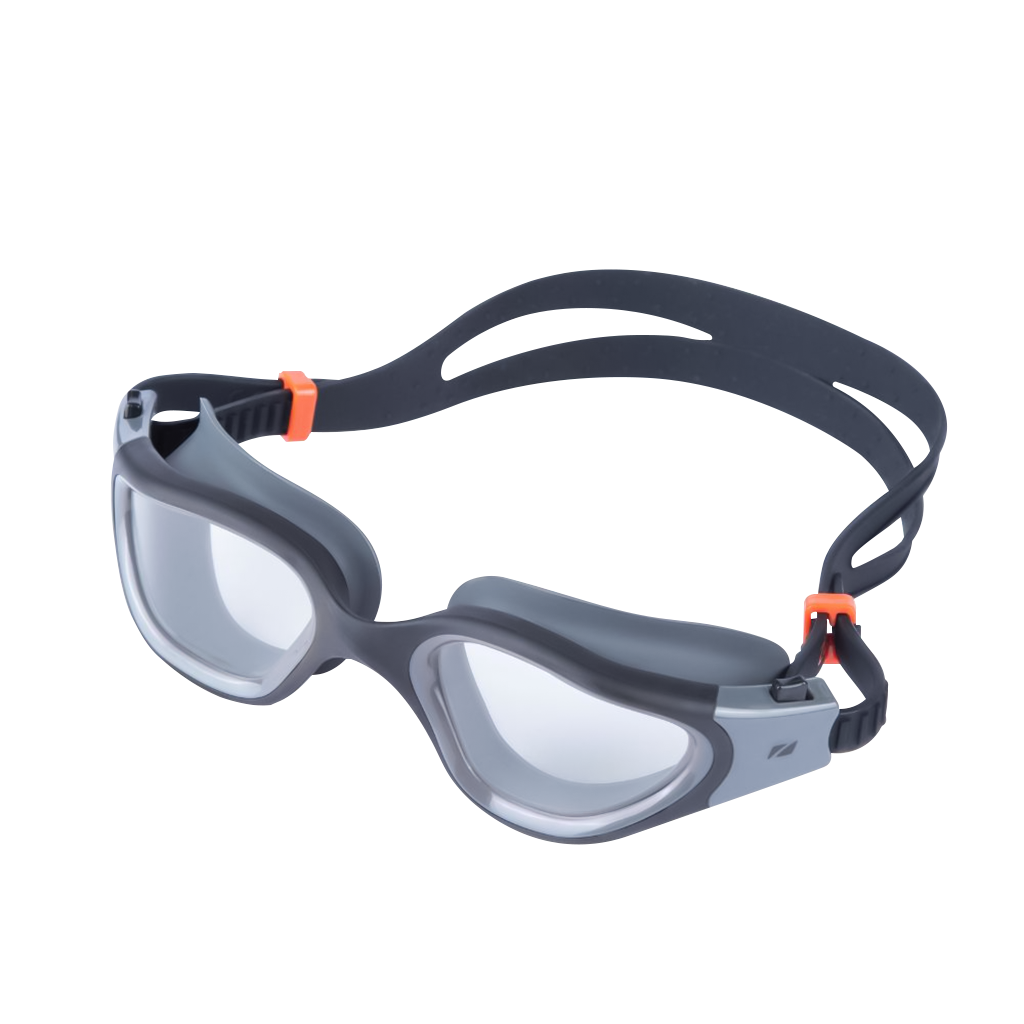 ZONE3 Vapour swim goggles with a grey frame, orange accents and a black strap.