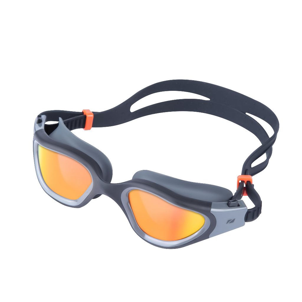 ZONE3 Vapour swim goggles with a grey frame, orange mirrored lenses and a black strap.