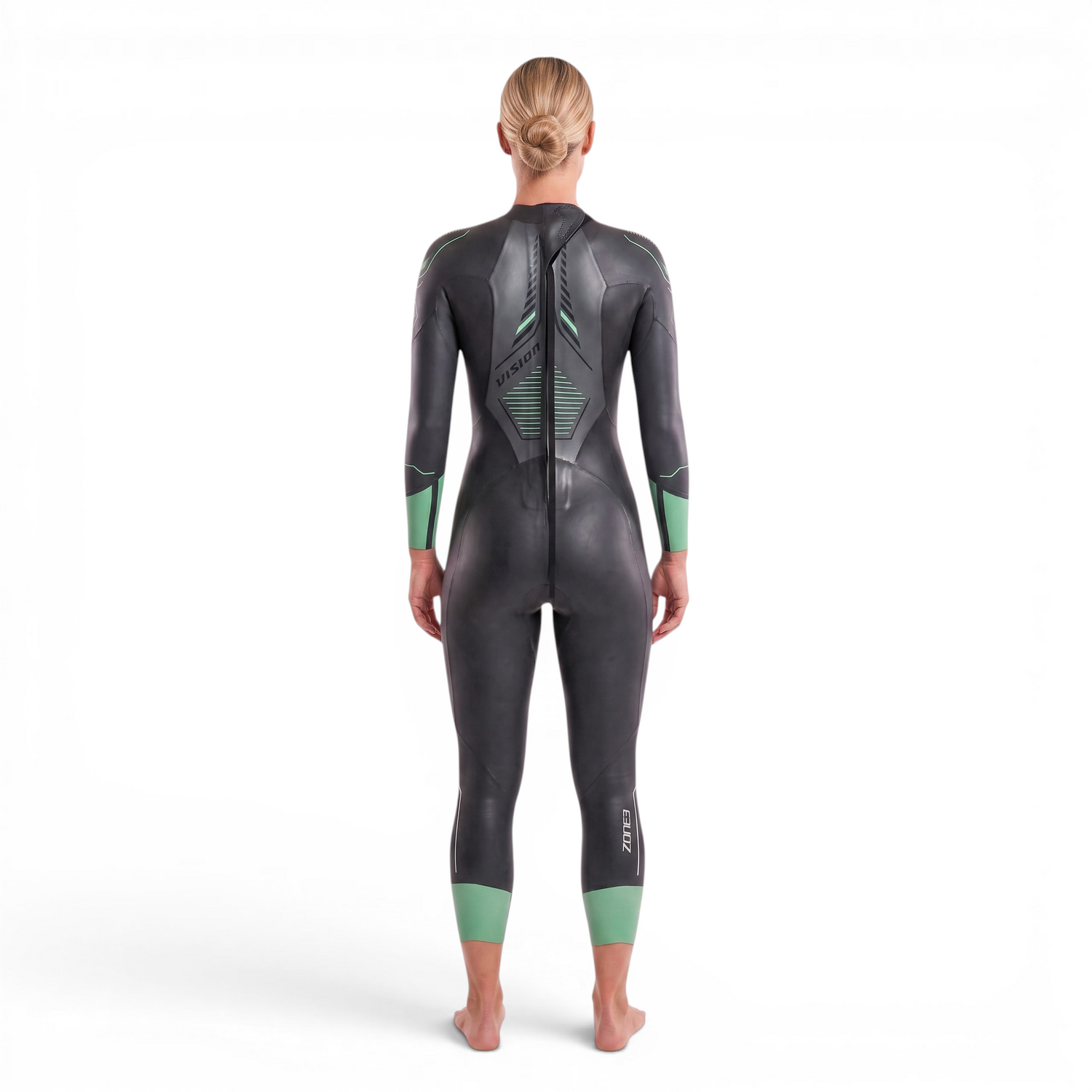 A woman wearing the Zone3 Vision wetsuit on a white background.