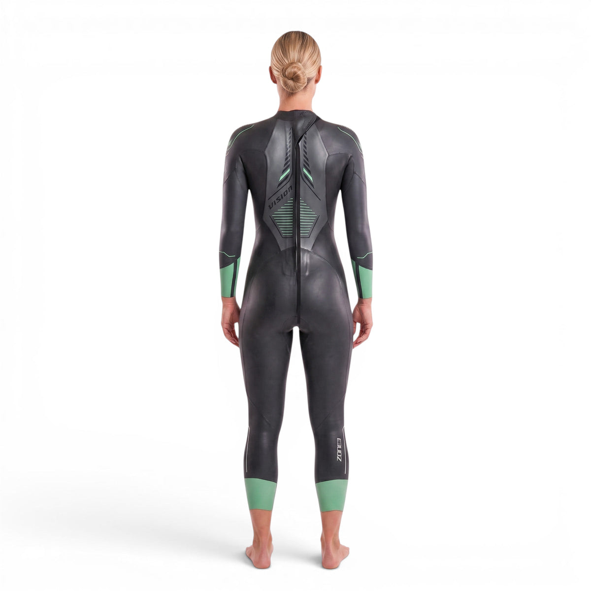 A woman wearing the Zone3 Vision wetsuit on a white background.