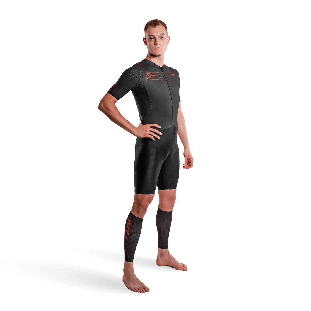 Man wearing zone3 Aeroforce-X trisuit on a white background