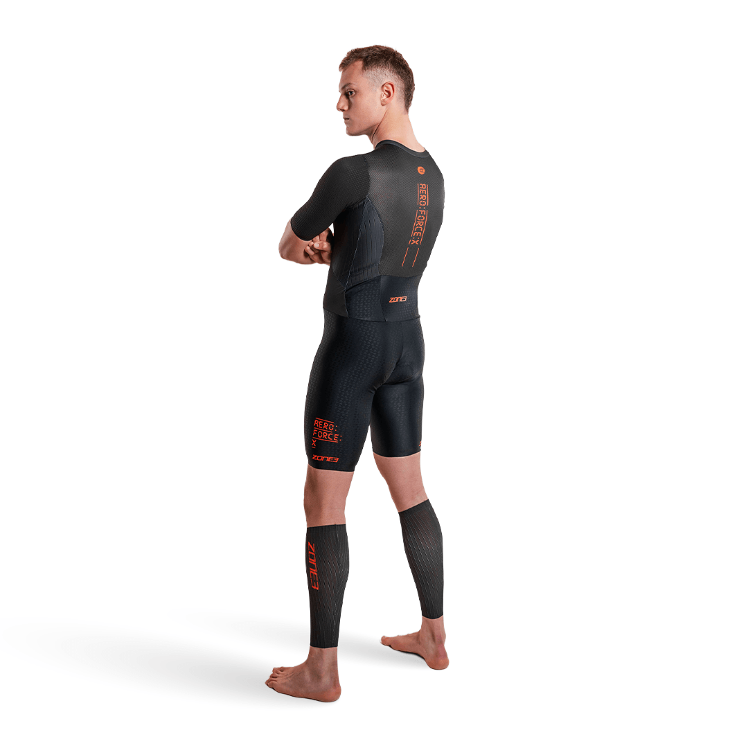 Man wearing zone3 Aeroforce-X trisuit on a white background