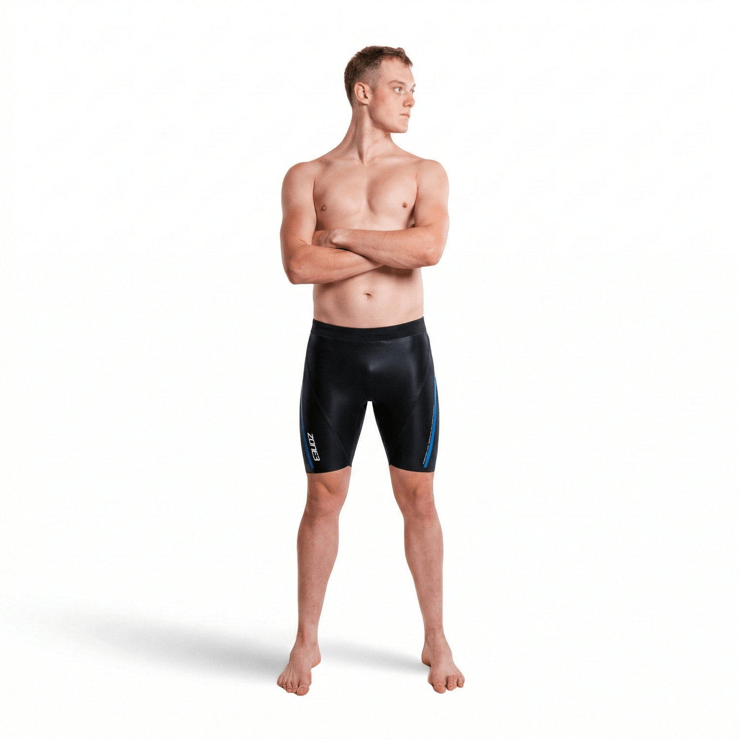 A man wearing the Zone3 Originals 5/3mm buoyancy shorts on a white background.