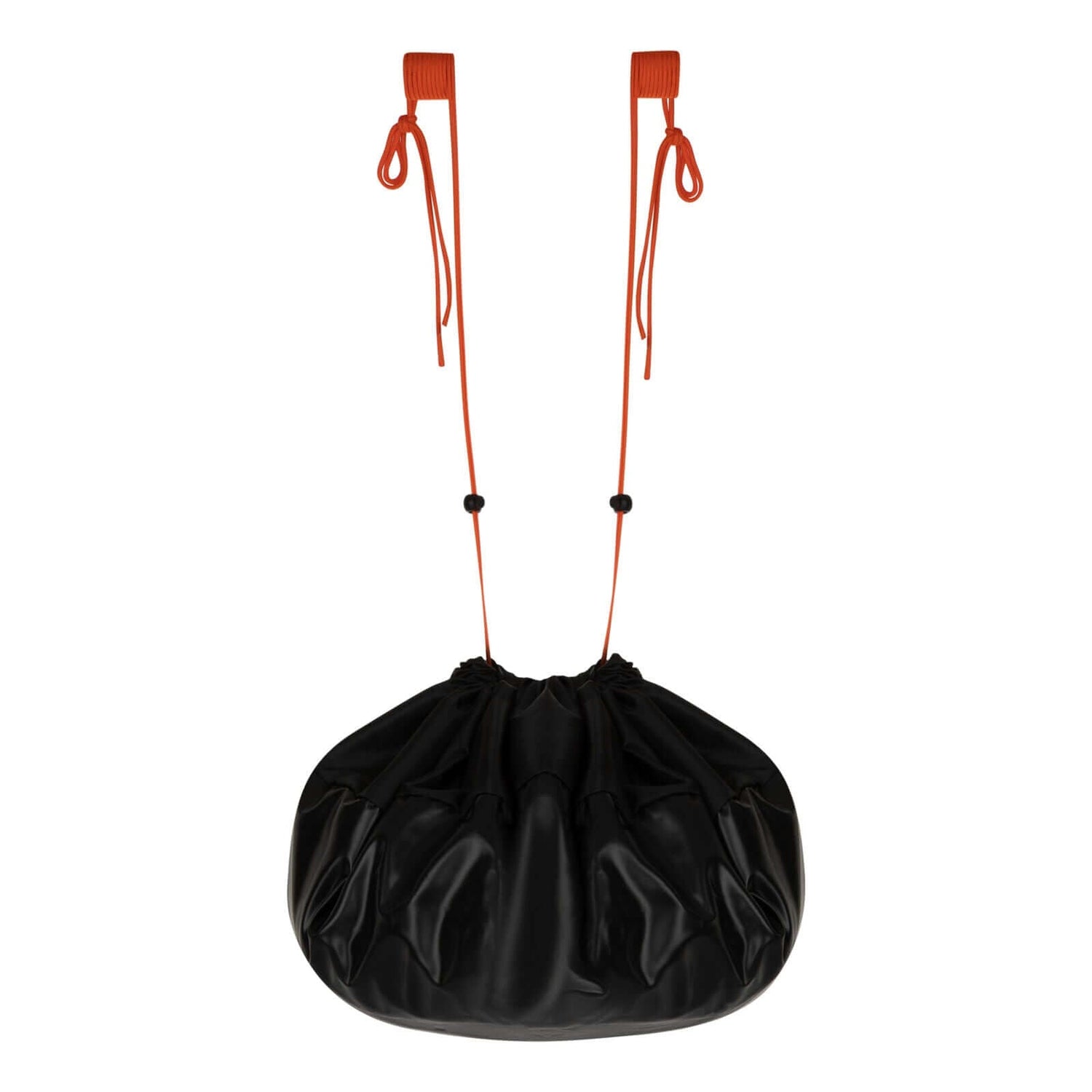 Black wetsuit changing mat with bright orange drawstrings at the opening.