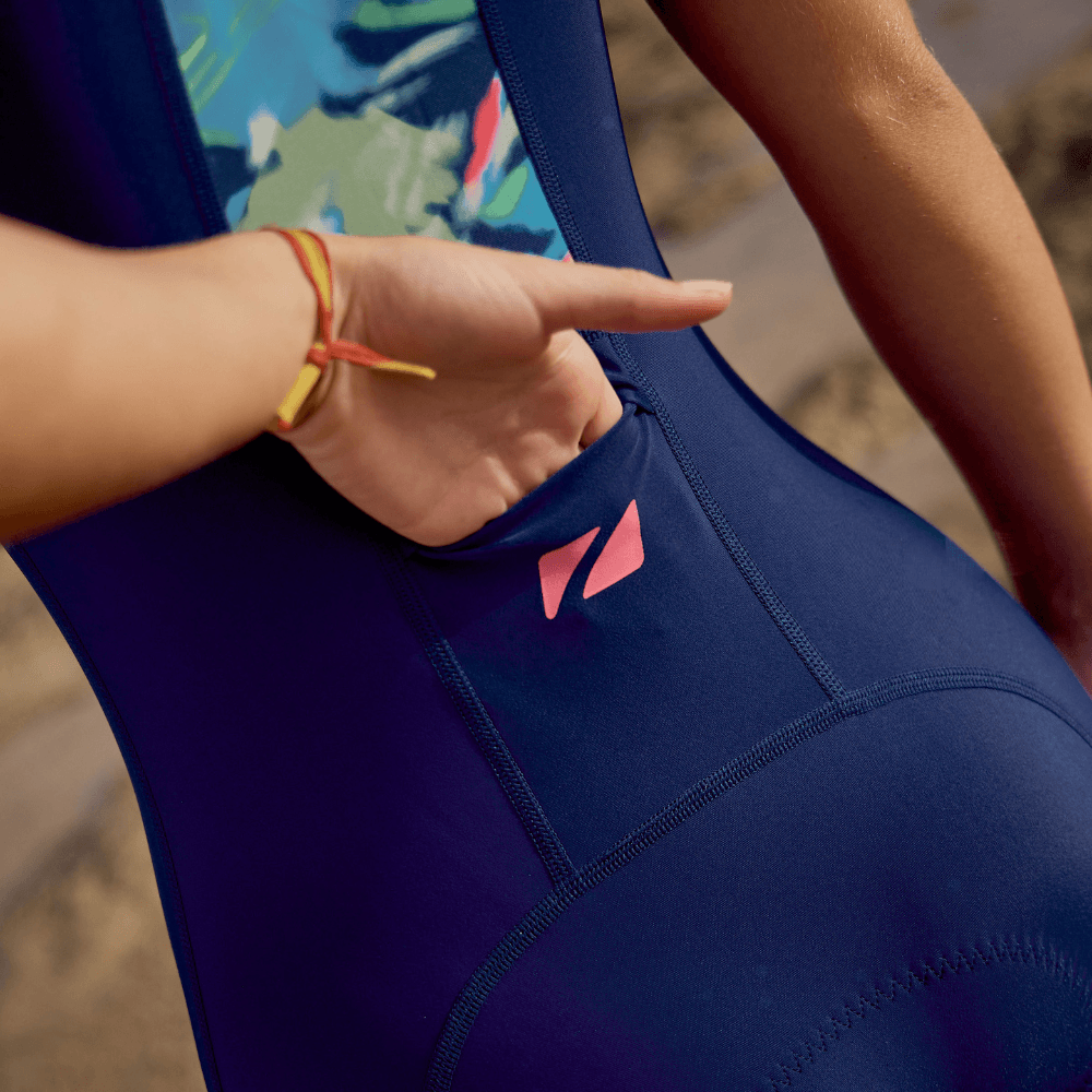 Detail of a child's Digital Print Trisuit showcasing a convenient pocket and stylish design for young athletes.
