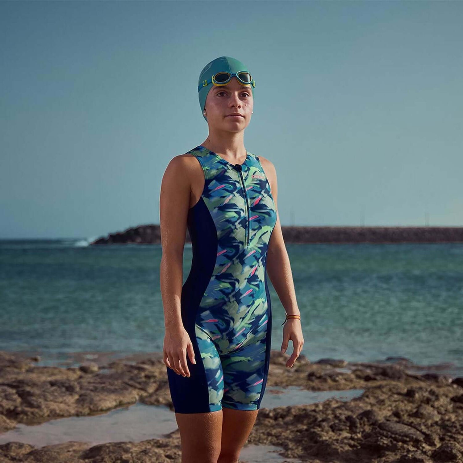 Digital Print Trisuit for children, designed for triathlons, featuring vibrant colors and a sleek design.