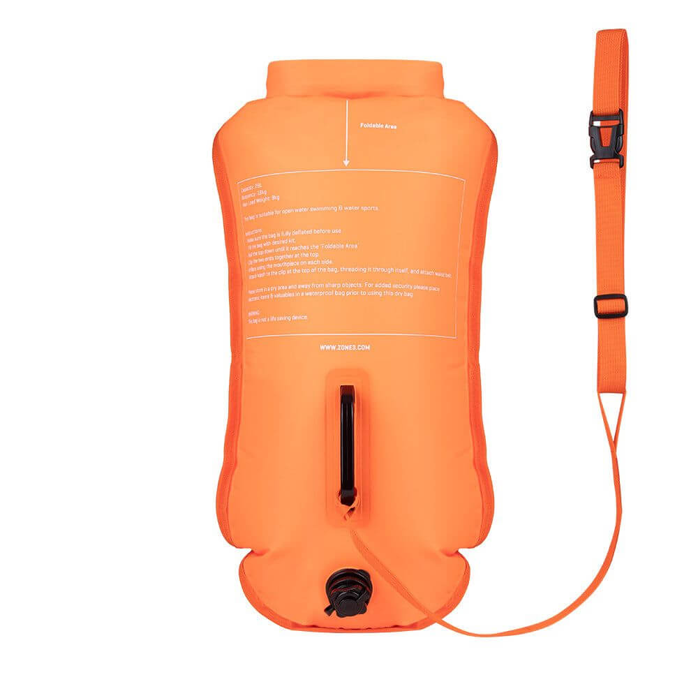 A Zone3 recycled safety buoy and dry bag, 28L, in a high-visibility colour.