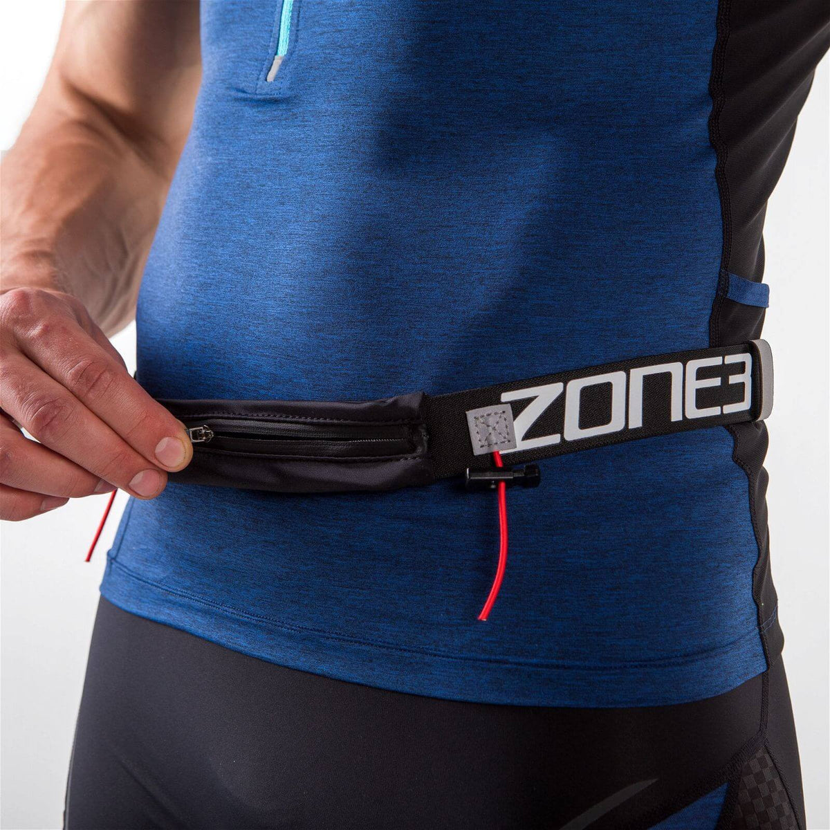 A Zone3 Endurance race number belt with Lycra fuel pouch on a white background.