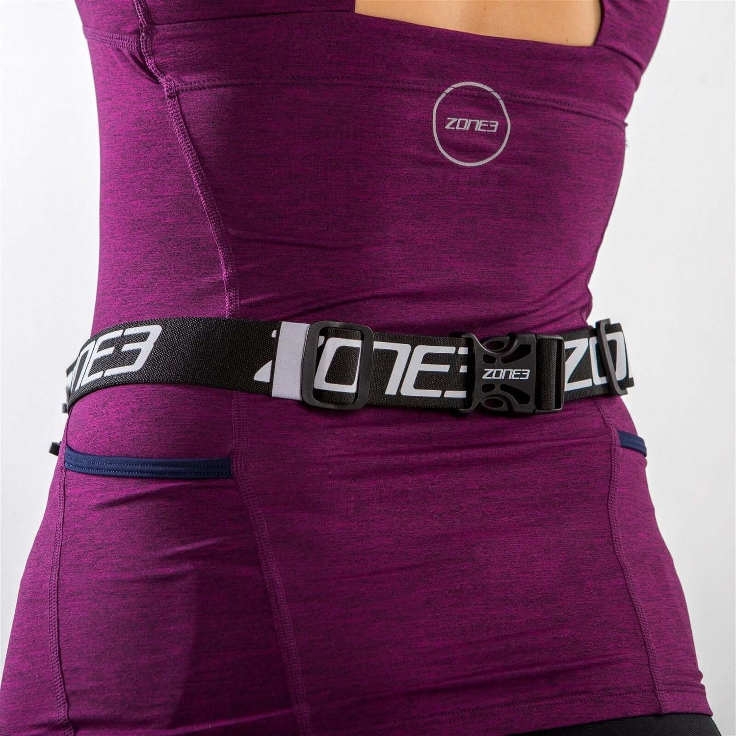A Zone3 Endurance race number belt with neoprene fuel pouch on a white background.