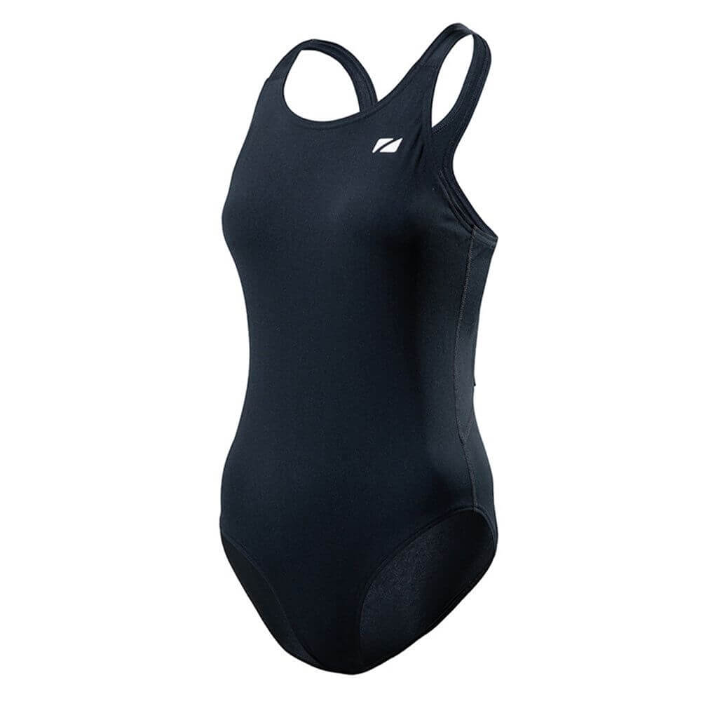 A woman wearing the Zone3 OWS Renew classic swimsuit on a white background.