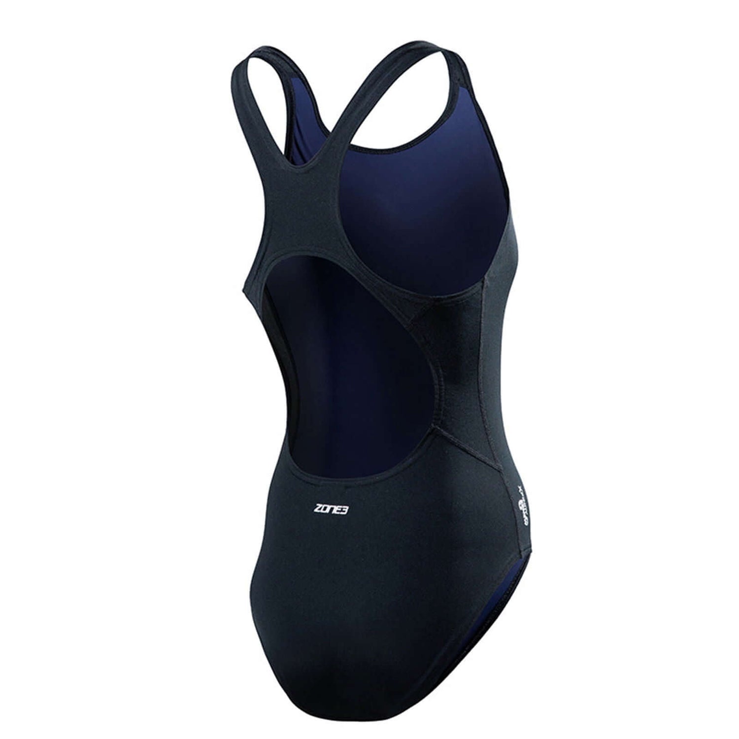 A woman wearing the Zone3 OWS Renew classic swimsuit on a white background.