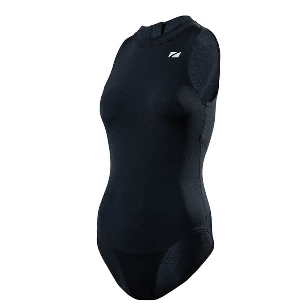 A woman wearing the Zone3 OWS Renew high neck swimsuit on a white background.
