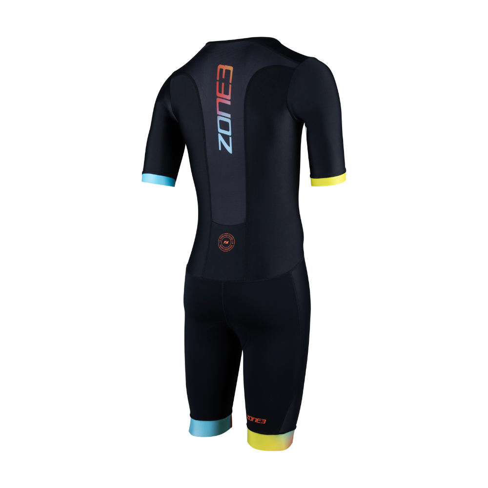 Back view of the ZONE3 Activate+ men's short sleeve trisuit in black, with a vertical gradient ZONE3 logo and blue and yellow sleeve cuffs.