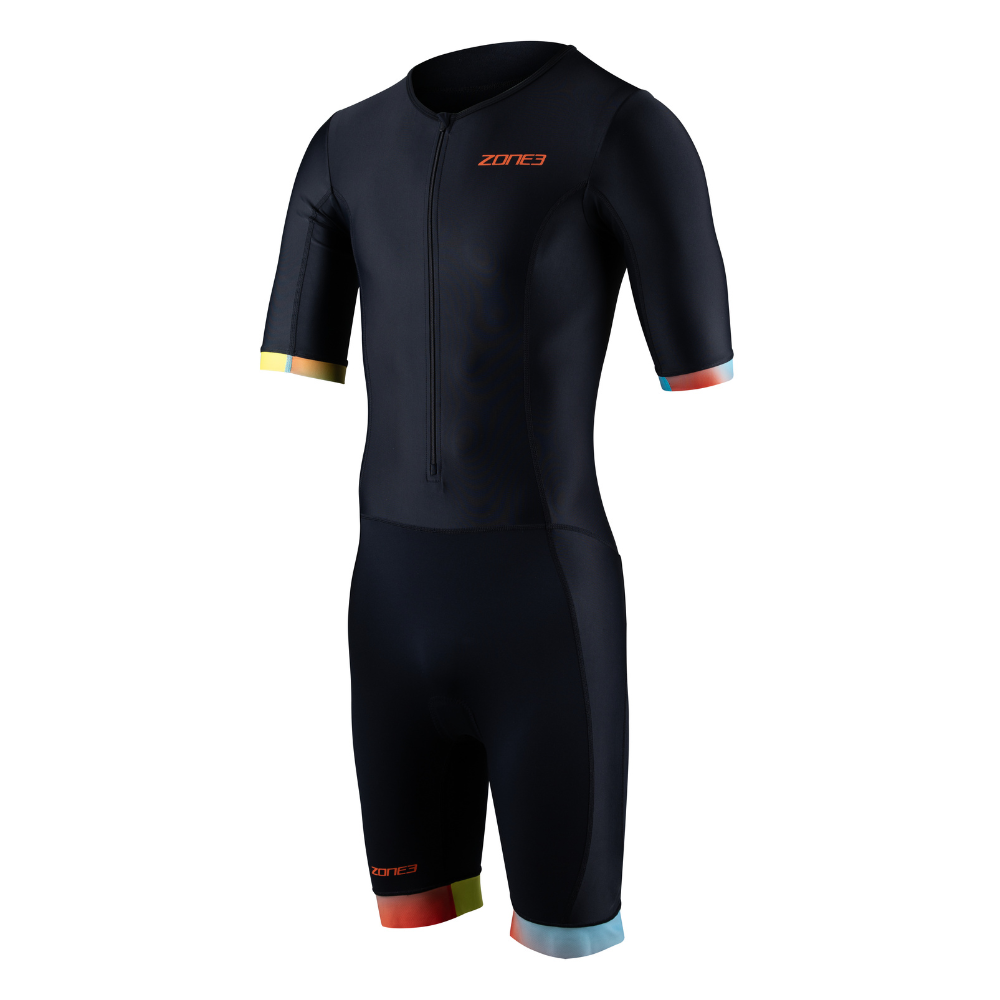 Front view of the ZONE3 Activate+ men's short sleeve trisuit in black, featuring an orange ZONE3 logo and multicolour sleeve and leg cuffs.