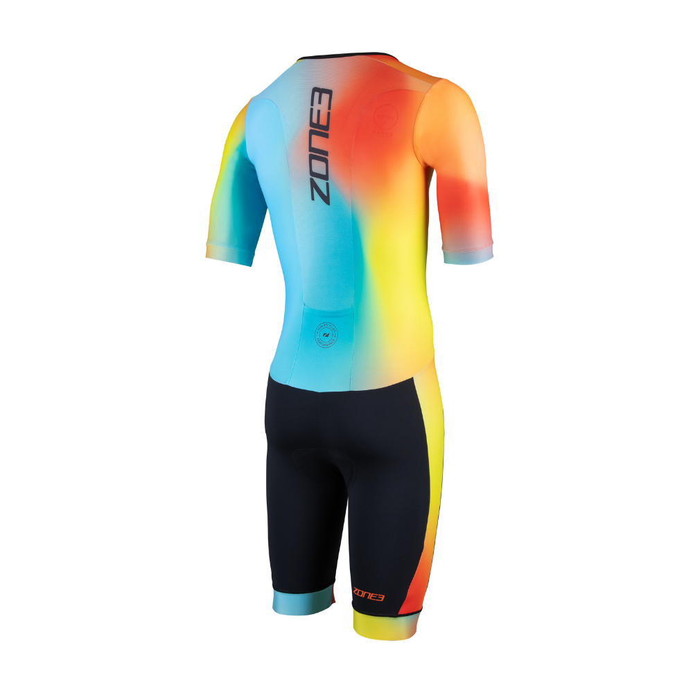 Back view of the ZONE3 Activate+ men's short sleeve trisuit with a vertical ZONE3 logo, gradient colour upper, and black lower half. Includes circular recycled performance branding at the lower back.