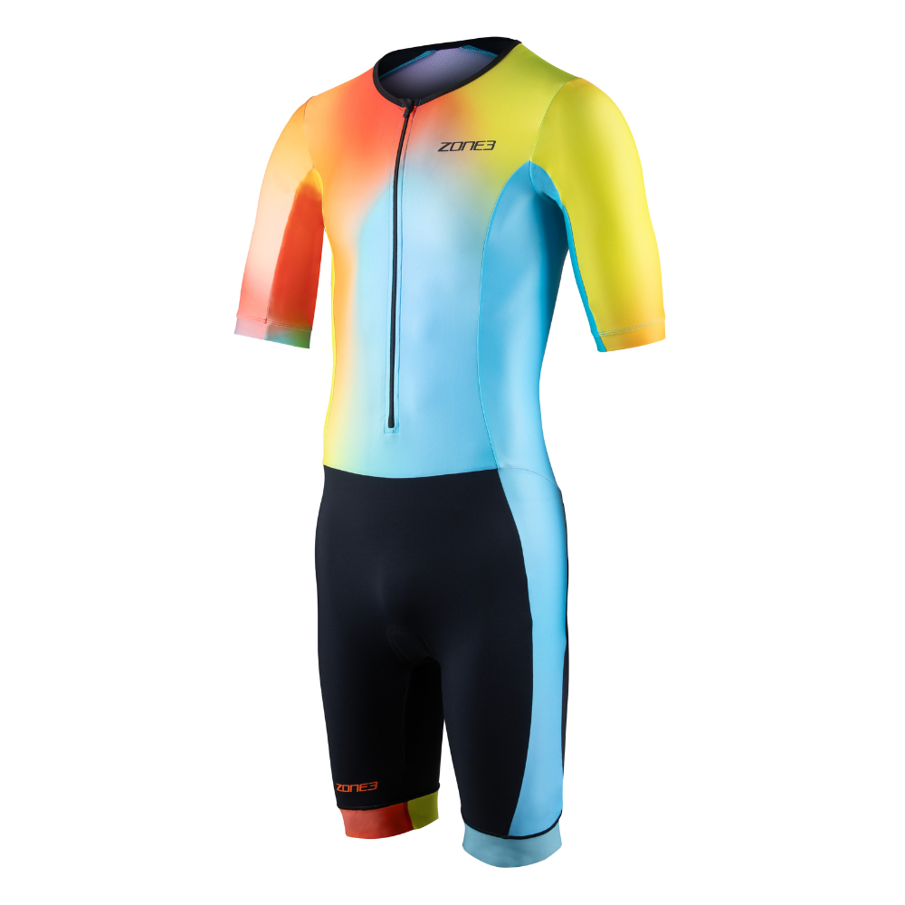 Front view of the ZONE3 Activate+ men's short sleeve trisuit with a blue, yellow, and orange gradient upper and black shorts. Features a front zip and colour-blocked leg cuffs.
