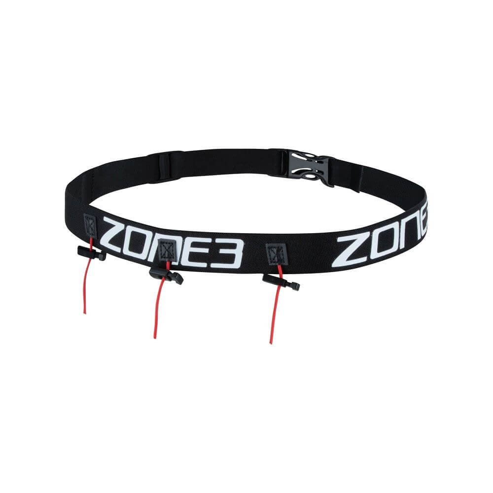 A Zone3 Ultimate race number belt with gel loops on a white background.