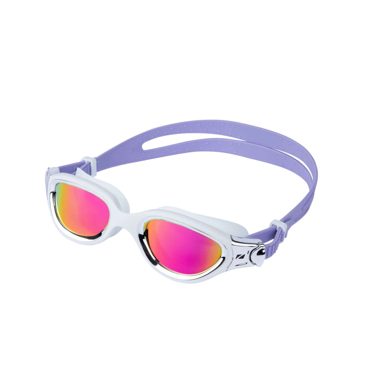 Venator-X swim goggles with white frame purple strap and pink mirrored lenses