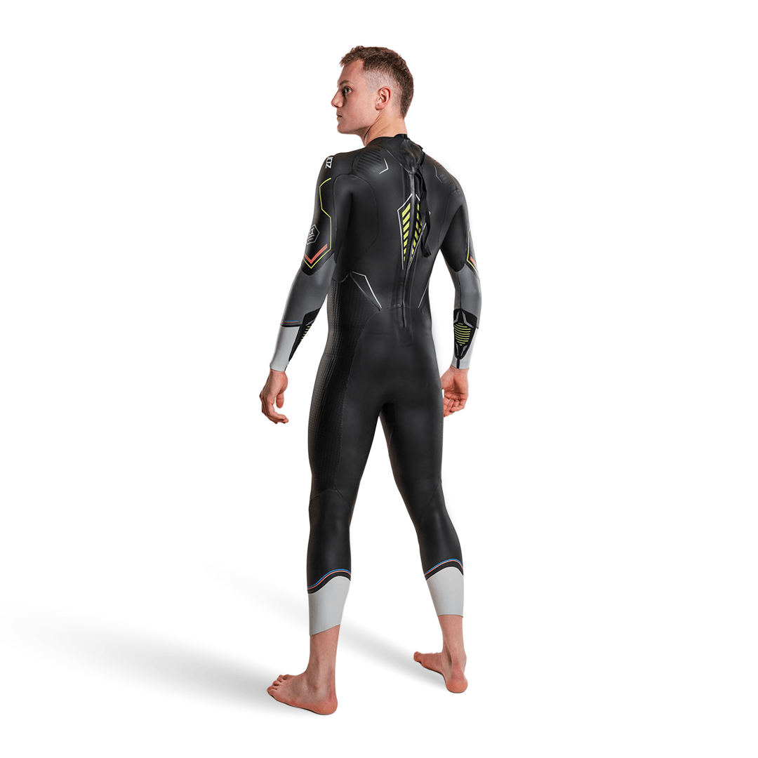 Aspire triathlon Wetsuit showcased on a model from the back, highlighting its sleek design and performance features.