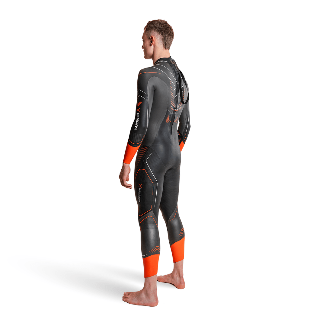 Back view of a man wearing the Zone3 Vanquish-X wetsuit with orange accents on white background. 