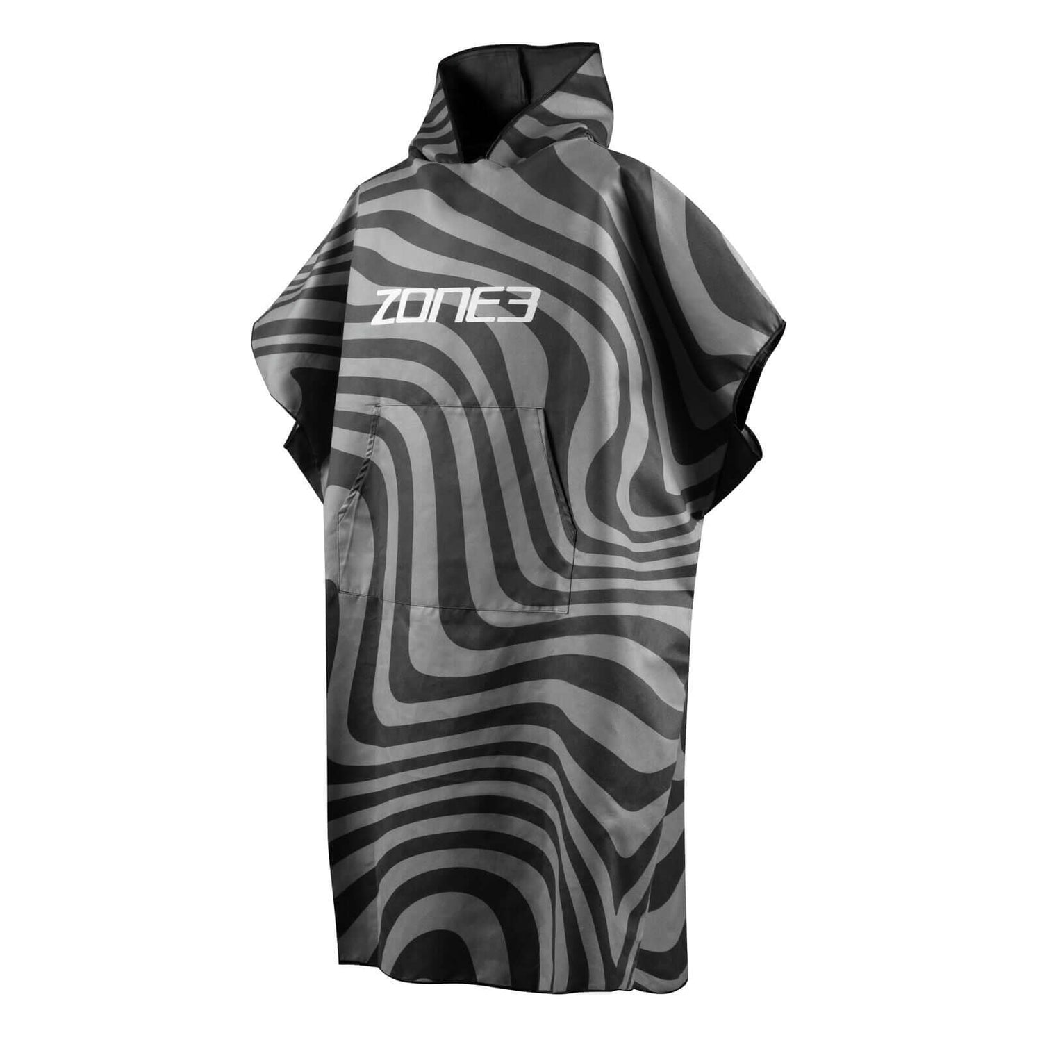 Microfibre Changing Robe in stylish black and gray wave pattern, perfect for quick drying after swim or beach activities.