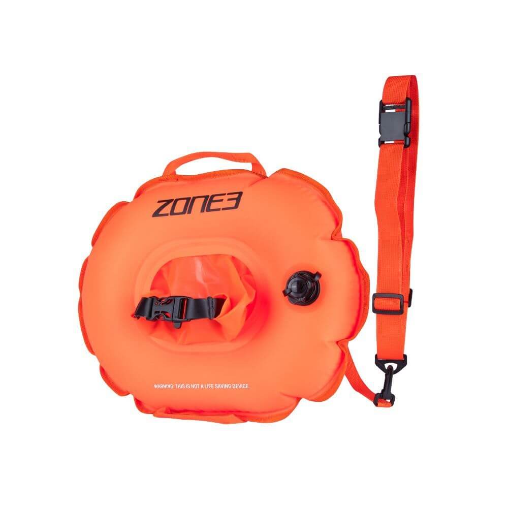 A Zone3 Recycled On The Go swim tow float in a high-visibility colour.