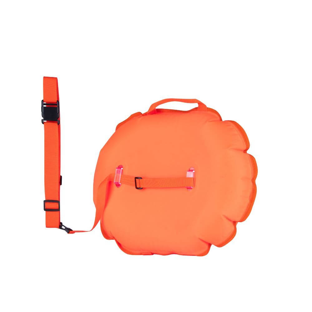 A Zone3 Recycled On The Go swim tow float in a high-visibility colour. on a white background 