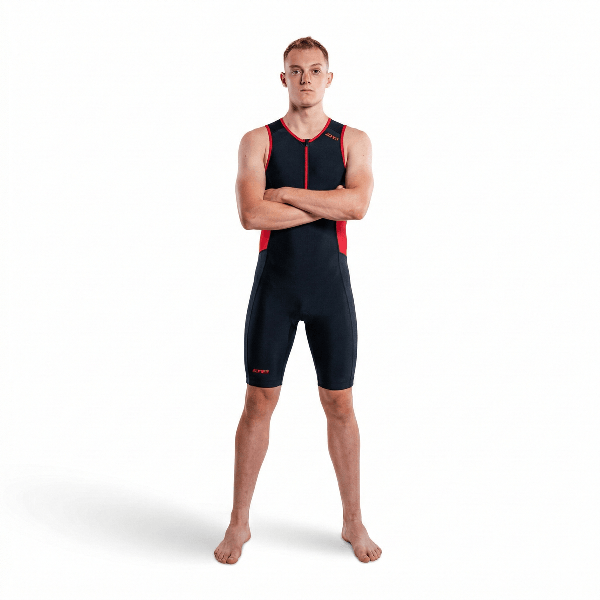 Man wearing a black and red sleeveless Activate Trisuit on a white background
