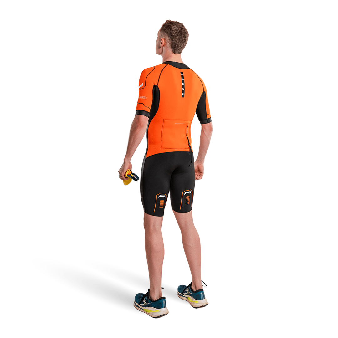 Versa Swimrun Wetsuit shown on a model from the back, designed for performance and comfort in swimrun activities.