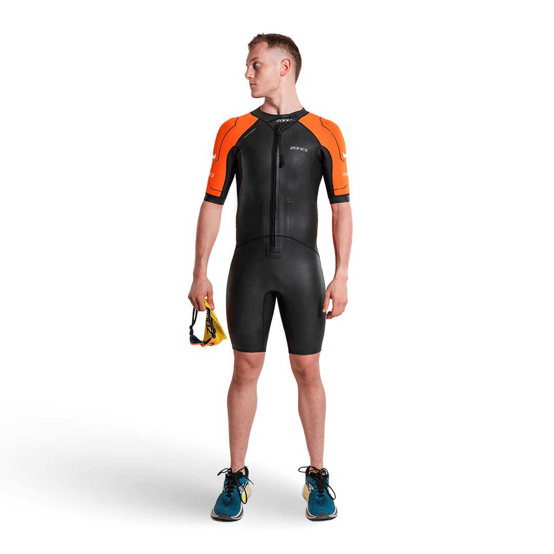 Versa Swimrun Wetsuit on a male model showing performance and comfort features.