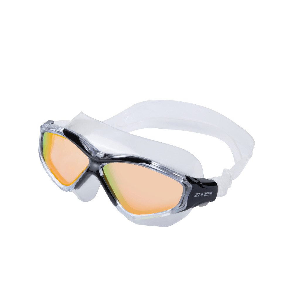 Zone3 Vision Max swim mask with wide amber-tinted lenses, clear skirt and black frame