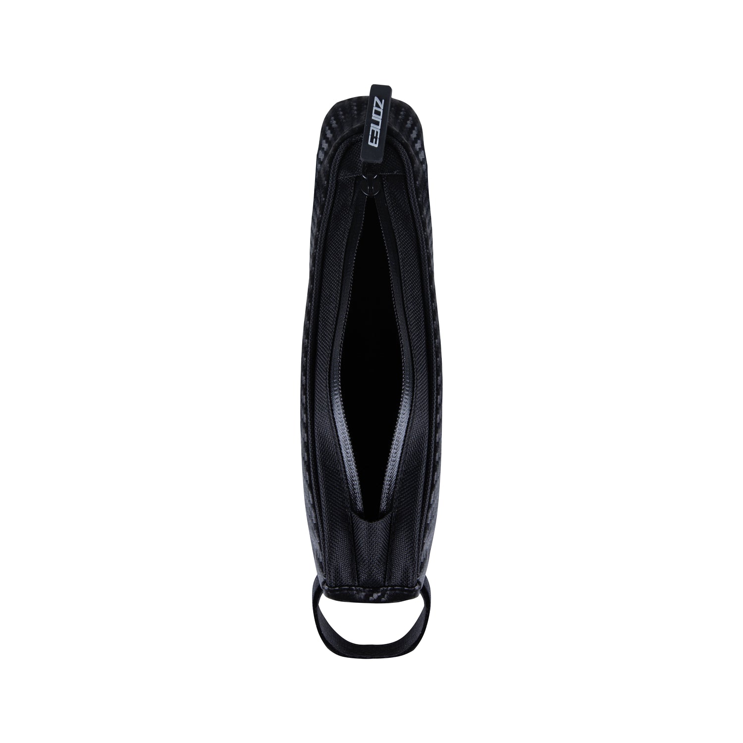 Top view of a compact black pouch with bright orange drawstrings and cord locks.