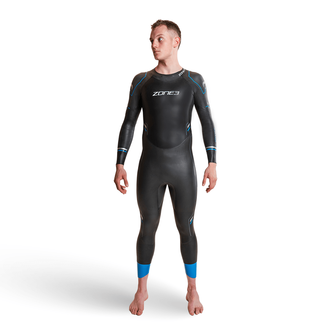 Advance wetsuit worn by a model black full length wetsuit with blue accents on sleeves and calves