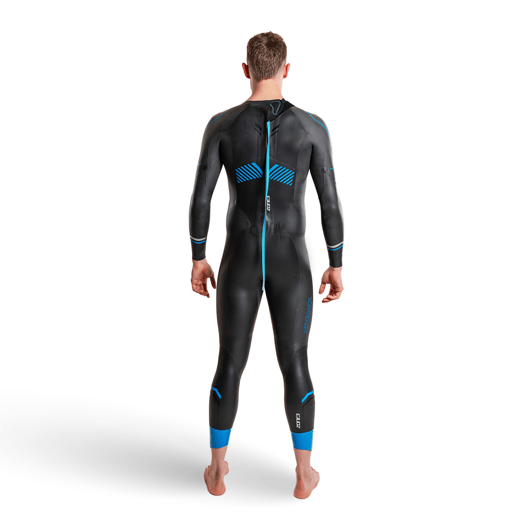 Rear view of a man wearing a black Advance wetsuit with blue cuffs and a vertical zipper down the back.