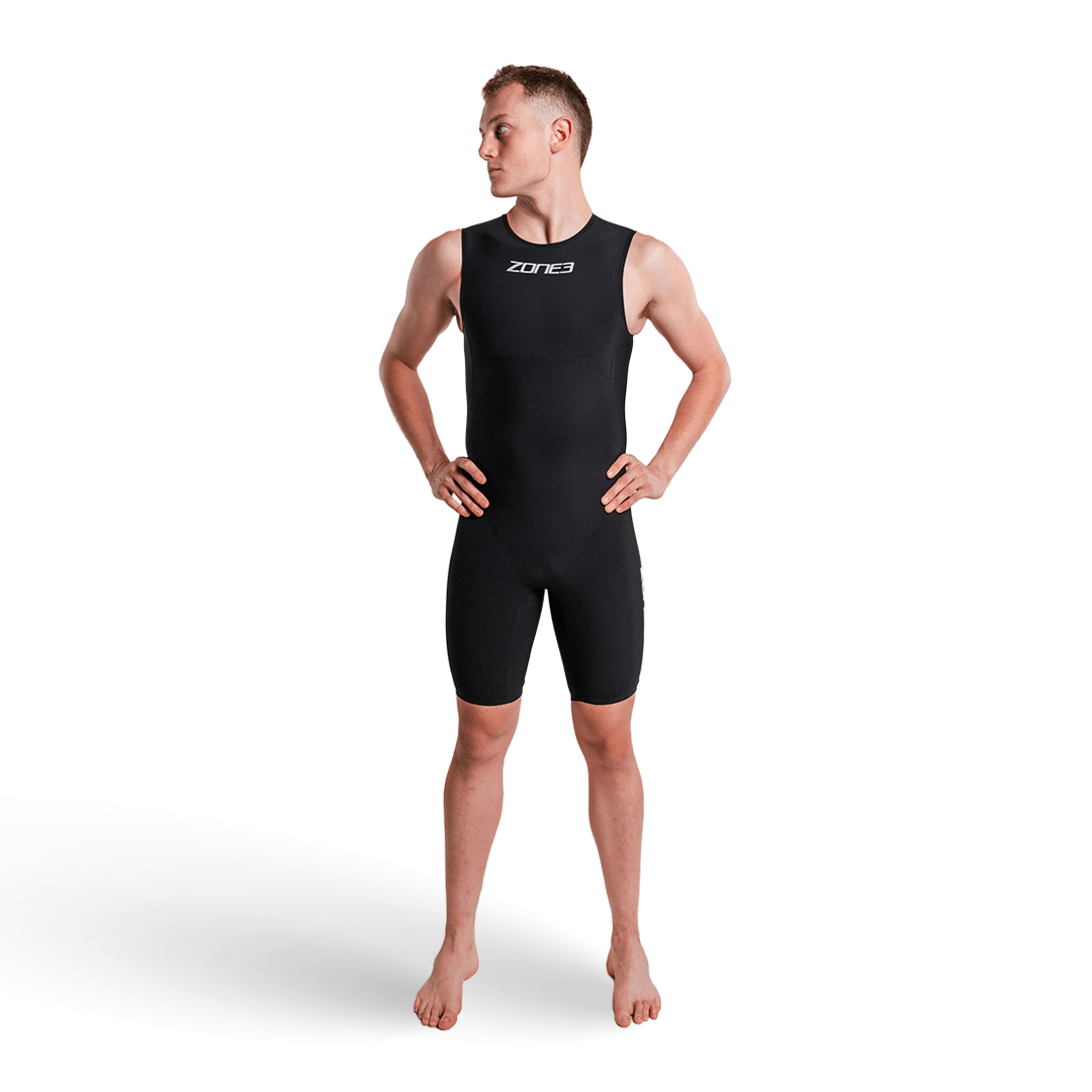 Male model wearing Zone3 Streamline Sleeveless Swimskin in black with logo on the chest.