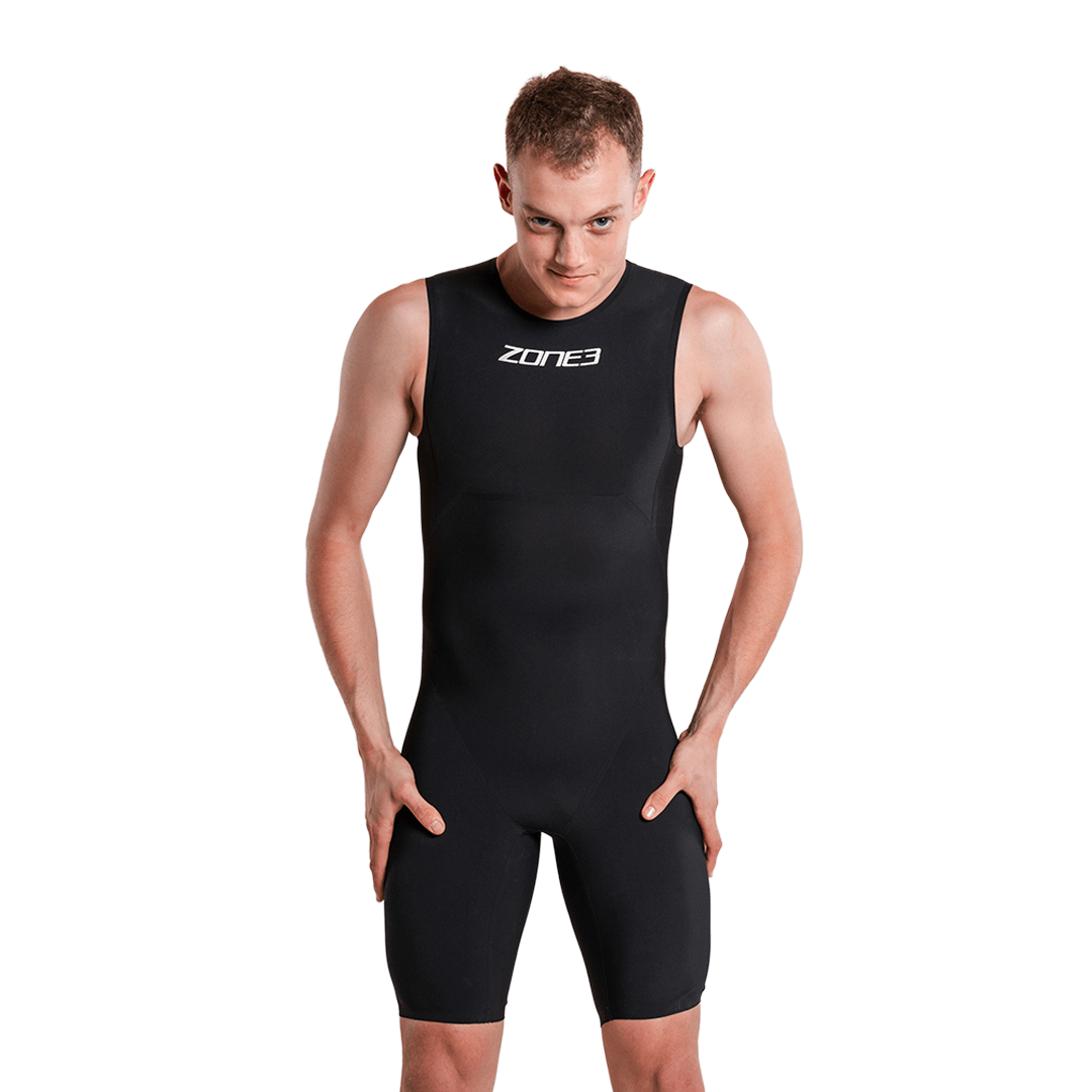 Male model wearing black Streamline Sleeveless Swimskin front view with Zone3 logo on chest