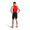 Person wearing a red and black triathlon suit on a white background