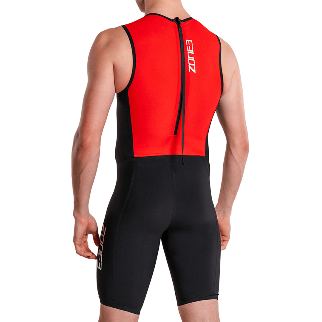 Back view of male model in red and black Streamline Sleeveless Swimskin with vertical back zipper and Zone3 logo