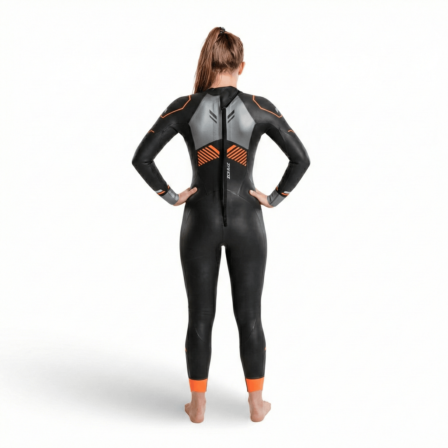 Back view of a Thermal Aspire wetsuit showing a center zipper and orange accent panels.